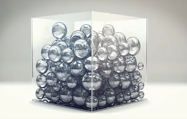 Картинка стекло, коробка, шары, куб, рендер