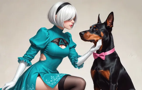 Картинка games, doberman, 2b nier automata