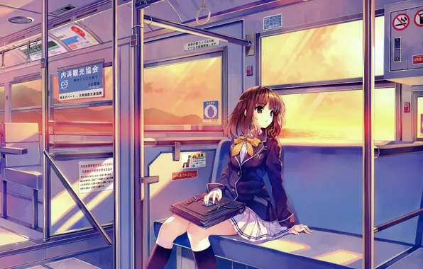 Картинка девушка, поезд, форма, школьница, портфель, смотрит в окно