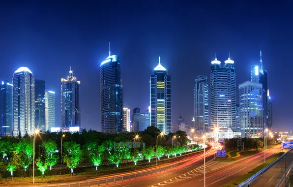 Картинка ночь, огни, небоскребы, фонари, Китай, Шанхай, автострада, мегаполис