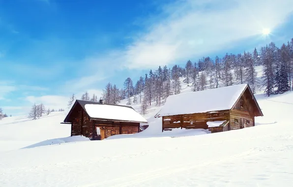 Картинка зима, лес, снег, домики
