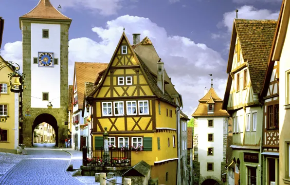 Картинка небо, улица, часы, башня, дома, ворота, Германия, Бавария