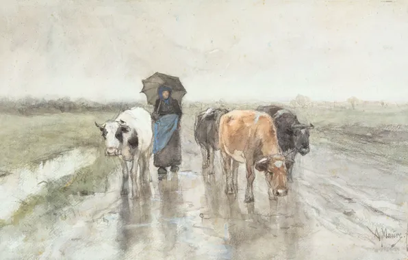 Картинка животные, рисунок, зонт, акварель, Антон Мауве, Коровы и Пастушка на Проселочной Дороге в Дождь