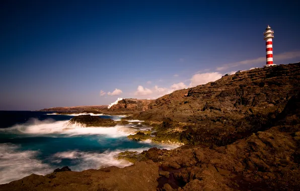Картинка океан, скалы, побережье, маяк, Канарские острова, Canary Islands, Gran Canaria
