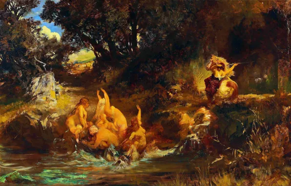 Картинка Тигр, Деревья, Картина, Русалки, Австрийский художник, Hans Makart, Ганс Макарт, Русалки и тигр