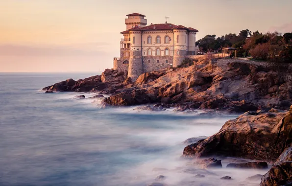 Картинка море, пейзаж, природа, камни, замок, берег, Италия, Ливорно