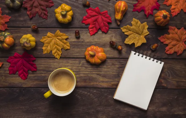 Картинка осень, листья, фон, дерево, кофе, colorful, чашка, тыква