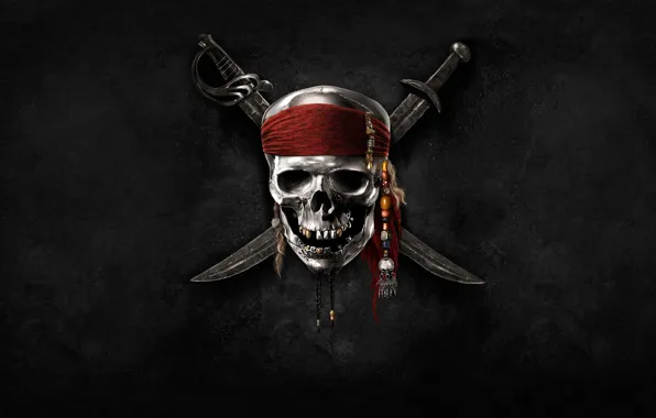 Skull, black, background, pirates of the caribbean, bandana, sabre