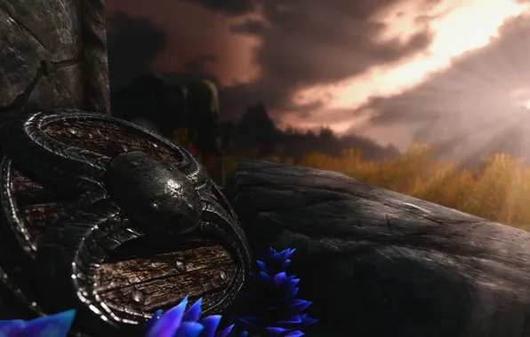 Небо, Трава, Камни, Щит, The Elder Scrolls Skyrim