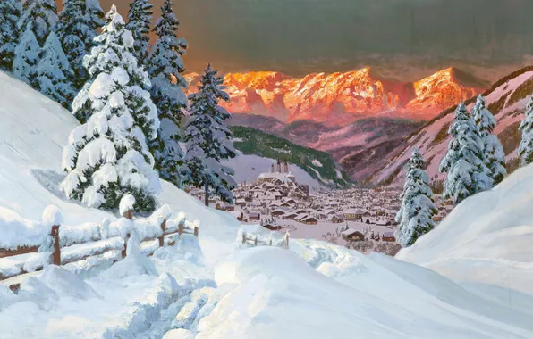 Дома, Зима, Горы, Деревья, Снег, Картина, Alois Arnegger, Алоис Арнеггер