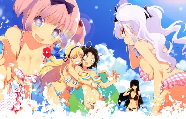 Girl, sexy, cleavage, beach, pink hair, long hair, boobs, anime