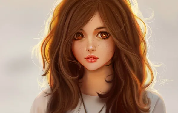 Картинка лицо, веснушки, рыжая, губки, серый фон, длинные волосы, art, карие глаза