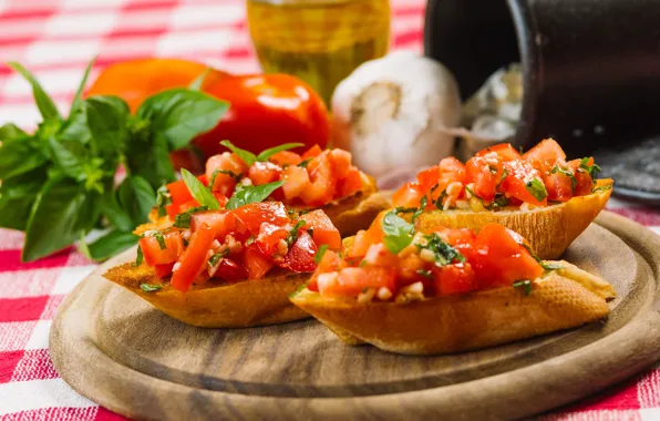 Еда, хлеб, помидоры, чеснок, бутерброды, закуска, базилик, bruschetta