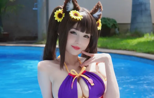 Girl, sexy, cleavage, long hair, boobs, animal ears, smile, beautiful