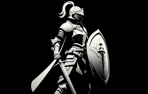 Sword, fantasy, armor, minimalism, digital art, artwork, shield, black background