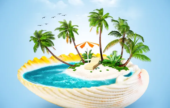 Картинка море, пальмы, креатив, зонт, раковина, шезлонг, островок