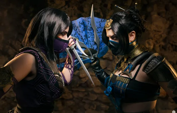 Девушки, веер, трезубец, Mortal Kombat, косплей, Мортал Комбат, cosplay, Китана