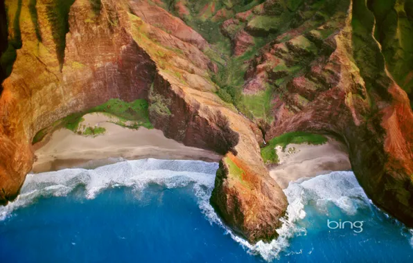 Море, скалы, берег, Hawaii, Kauai, Гаваи, Na Pali Coast
