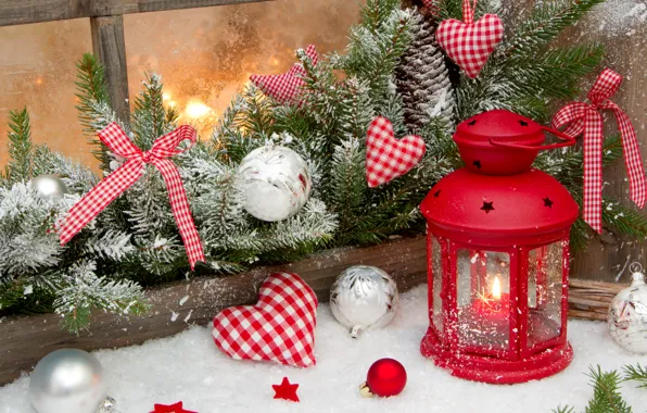 Зима, снег, праздник, сердце, звезда, свечи, Рождество, фонарь