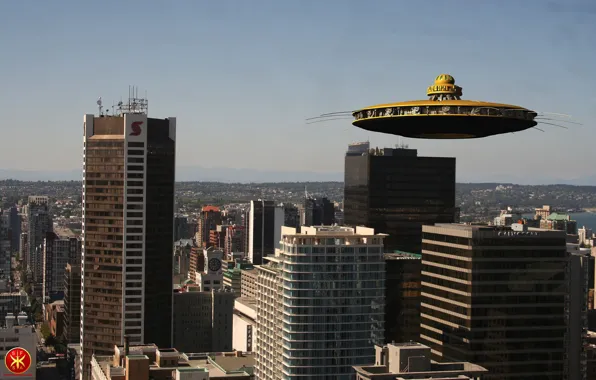 Город, здания, аппарат, Saucer, vliegende schotel boven stad