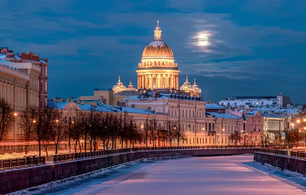 Картинка зима, снег, деревья, река, здания, дома, Санкт-Петербург, Исаакиевский собор
