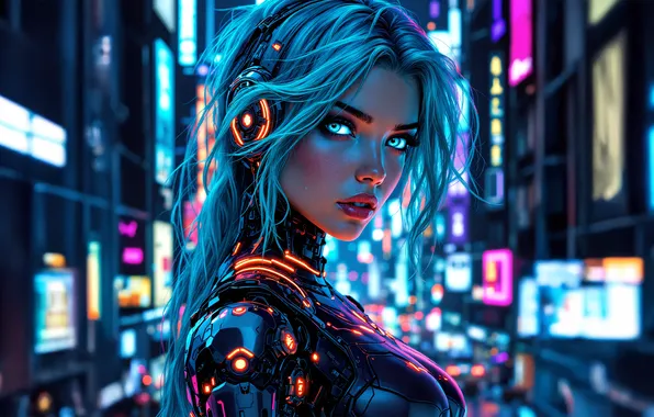 Картинка colorful, women, blue hair, looking at viewer, blurry background, AI art