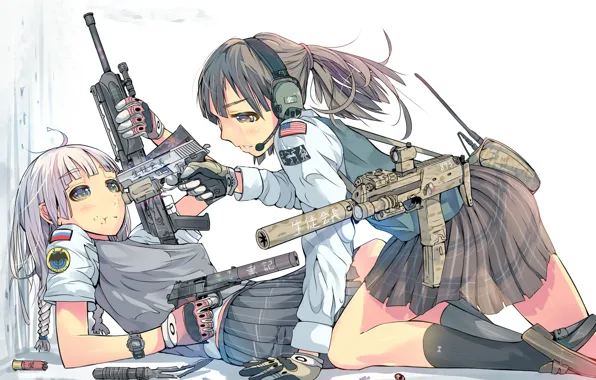 Картинка девушка, пистолет, оружие, аниме, наушники, арт, микрофон, флаги