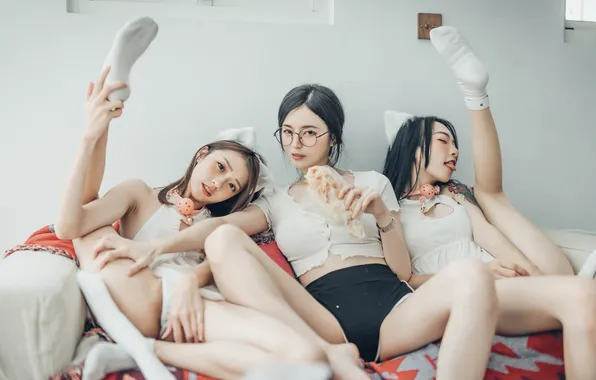 Asian, Wall, Girls, Women, Sofa, Glasses, Cosplay, Animal Ears