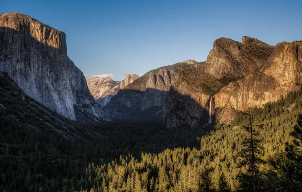 Картинка лес, горы, скалы, водопад, долина, California, Национальный парк Йосемити, Yosemite National Park