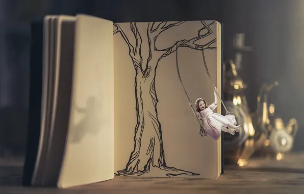 Качели, девочка, книга