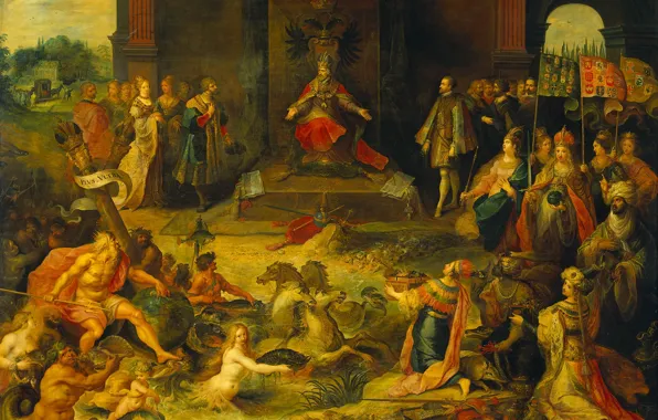 Масло, картина, Франс Франкен Младший, 1642, Аллегория на отречение императора Карла V в Брюссе, Frans …