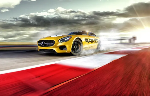 Картинка Mercedes-Benz, Race, AMG, Yellow, Smoke, Track, Drifting, GT S