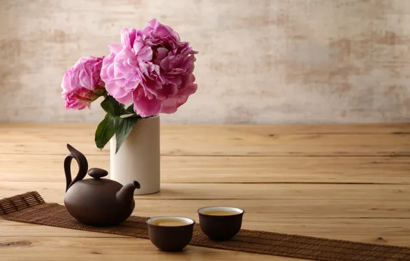 Картинка минимализм, чайник, чашки, пион