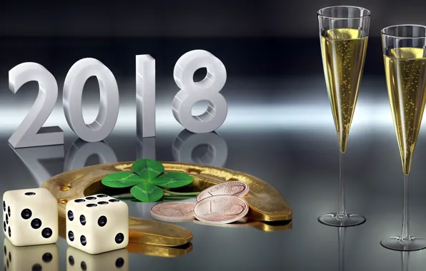 Картинка бокалы, Новый год, монеты, 2018, подкова