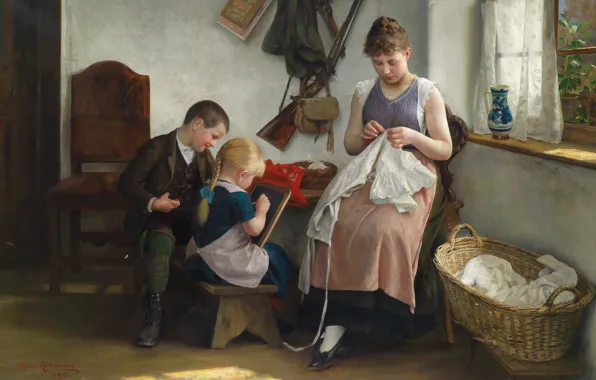 Картинка 1892, Austrian painter, австрийский живописец, oil on canvas, Family idyll, Albert Ritzberger, Альберт Ритцбергер, Семейная …