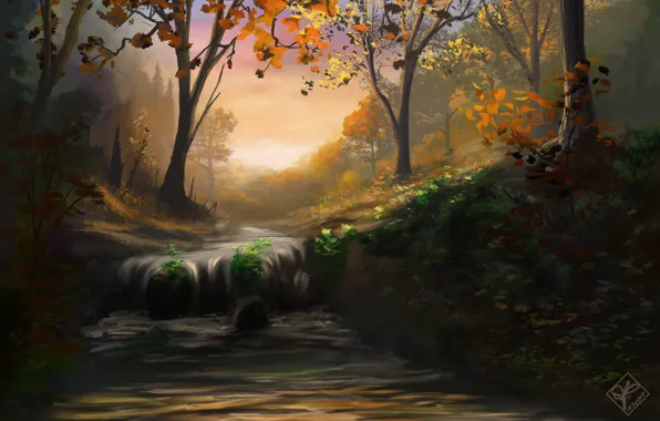 Картинка осень, лес, листья, деревья, природа, река, водопад, поток