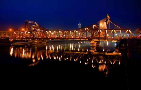 Картинка ночь, мост, огни, отражение, Город