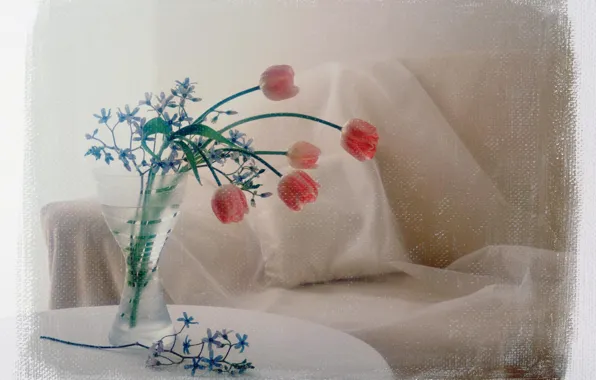 Картинка цветы, фото, диван, обработка, букет, тюльпаны, подушка, ваза