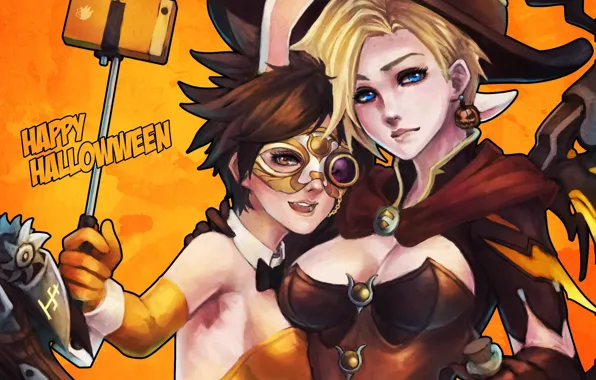 Девушки, арт, Tracer, overwatch, mercy, Lena Oxton, Angela Ziegler, witch mercy