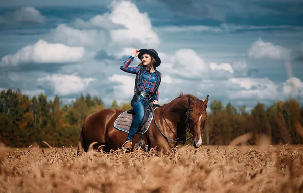 Картинка поле, девушка, фото, лошадь, шляпа, Новицкий Илья
