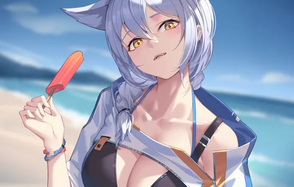 Море, девушка, ушки, мороженка, Provence, Arknights