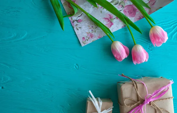 Картинка цветы, подарок, тюльпаны, розовые, wood, pink, flowers, romantic