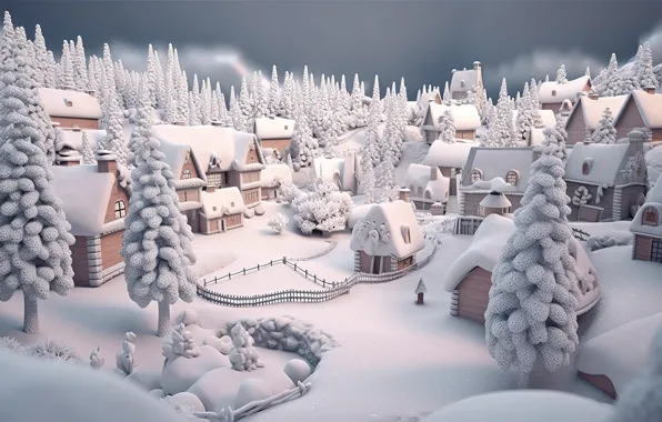 Картинка зима, снег, lights, елки, Новый Год, деревня, Рождество, домики