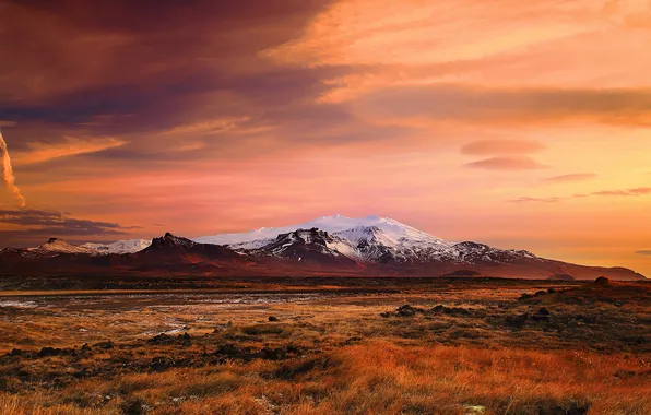 Картинка sunset, winter, mountain, snow, iceland