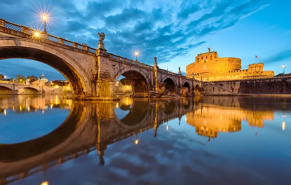 Мост, огни, отражение, река, Рим, Италия
