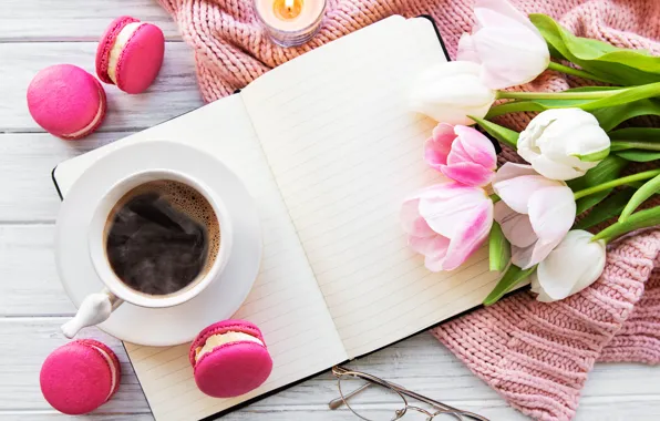 Colorful, тюльпаны, pink, tulips, coffee cup, macaroons, macaron, чашка кофе