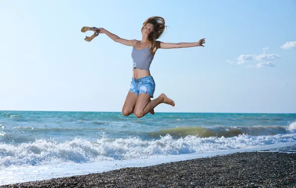 Waves, long hair, ocean, nature, model, jumping, brunette, Georgia