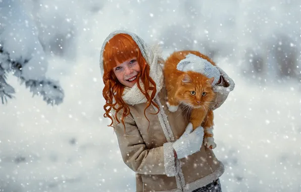 Картинка зима, кошка, кот, снег, смех, девочка, рыжая, ребёнок