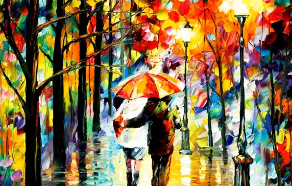 Картинка осень, огни, парк, дождь, картина, зонт, пара, фонарь