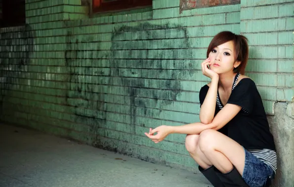 Girl, wall, model, asian, cute, Mikako, Zhang Kaijie
